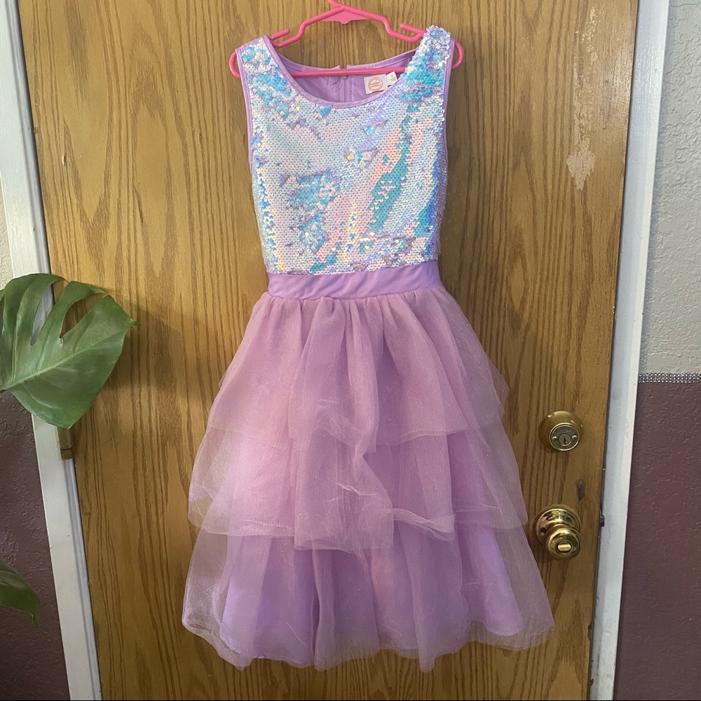 Girls flip sequence iridescent tiered ruffle pink dress